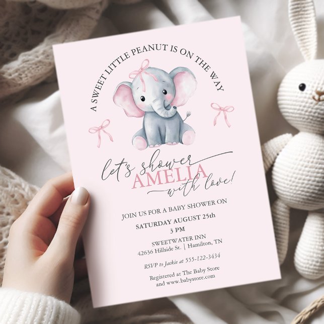 Convites Sweet Little Peanut Elephant Baby Girl Shower (Sweet Little Peanut Elephant Baby Girl Shower Invitation)