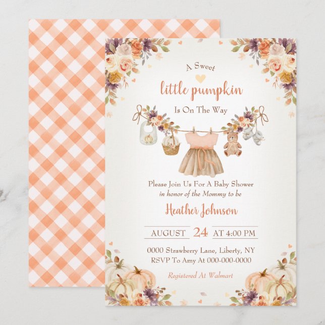 Convites Sweet Little Pumpkin Autumn Baby Shower (Frente/Verso)