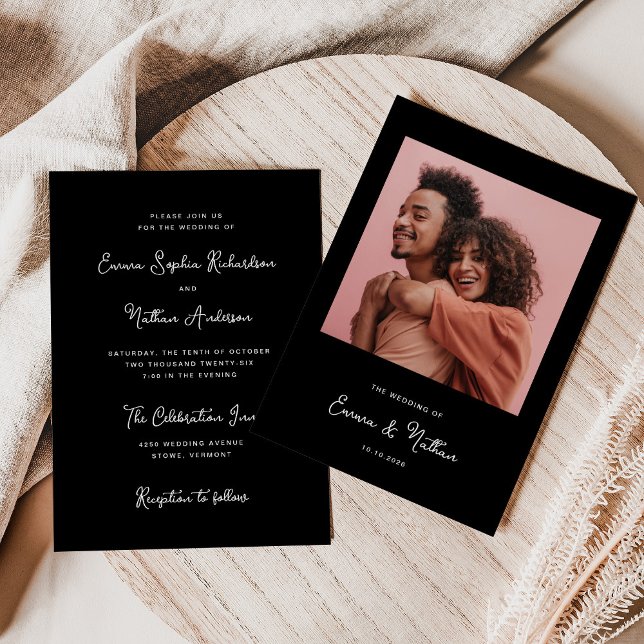 Convites Sweet Negro e Whimsical | Casamento Fotográfico si (An elegant, dark black wedding invitation with your photo and white vintage style script)