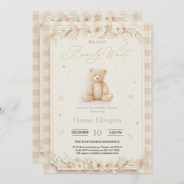 Convites Sweet Neutral Teddy Bear Baby Shower Invite (Frente/Verso)