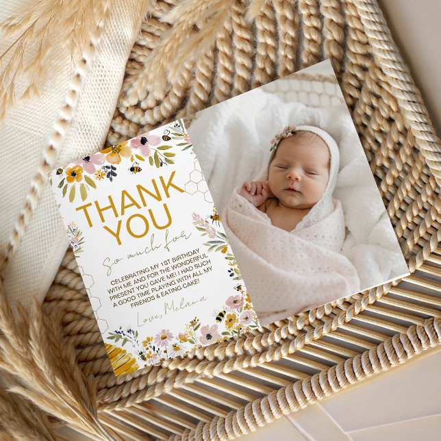 Convites Sweet One Bee Photo Thank You Card (Criador carregado)