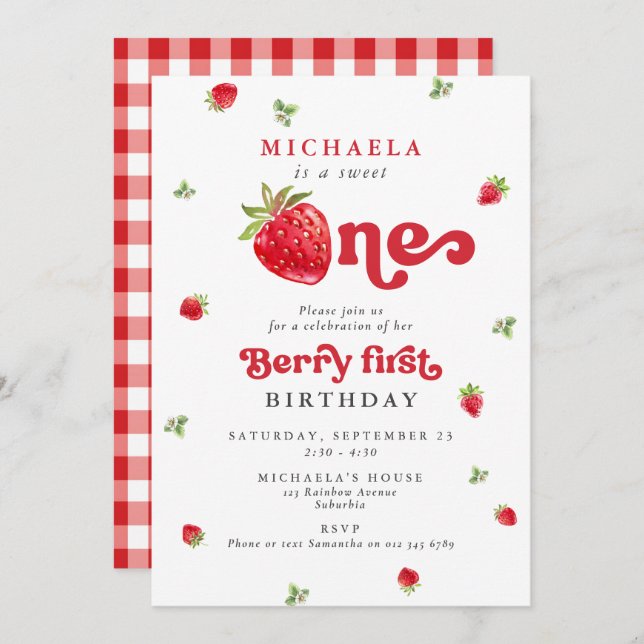 Convites Sweet One Berry First Birthday Strawberry Gingham (Frente/Verso)