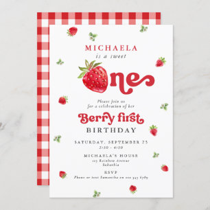 Convites Sweet One Berry First Birthday Strawberry Gingham