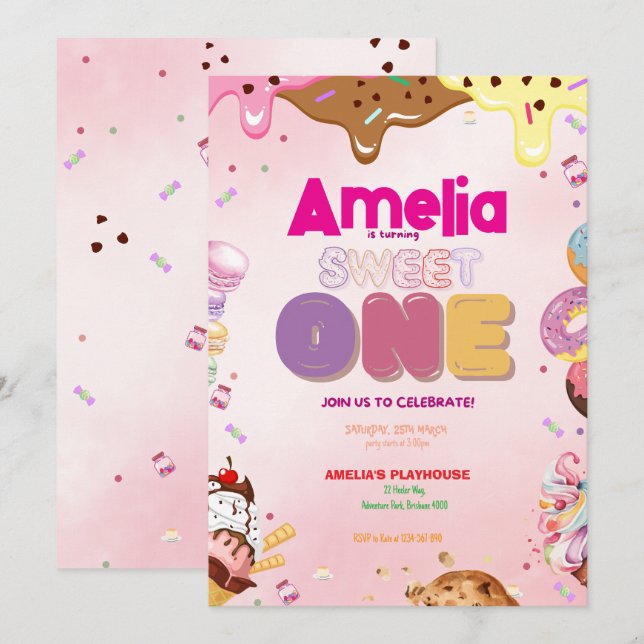 Convites Sweet One First Birthday Invitation | Candy-Themed (Frente/Verso)