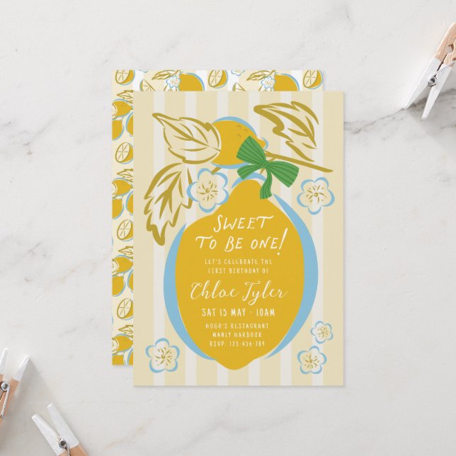 Convites Sweet One First Birthday Invite Boy Lemon 1st (Frente/Verso In Situ)