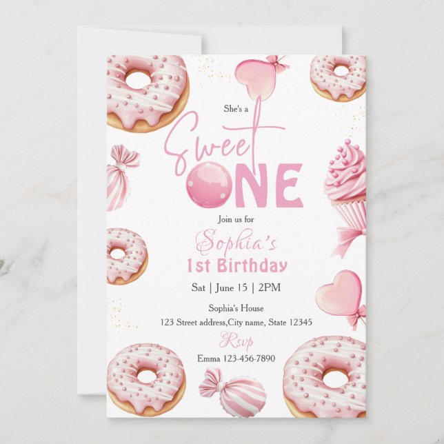 Convites Sweet One Girl 1st Birthday (Frente)