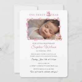Convites Sweet One Girl 1st Birthday Invitation with Photo