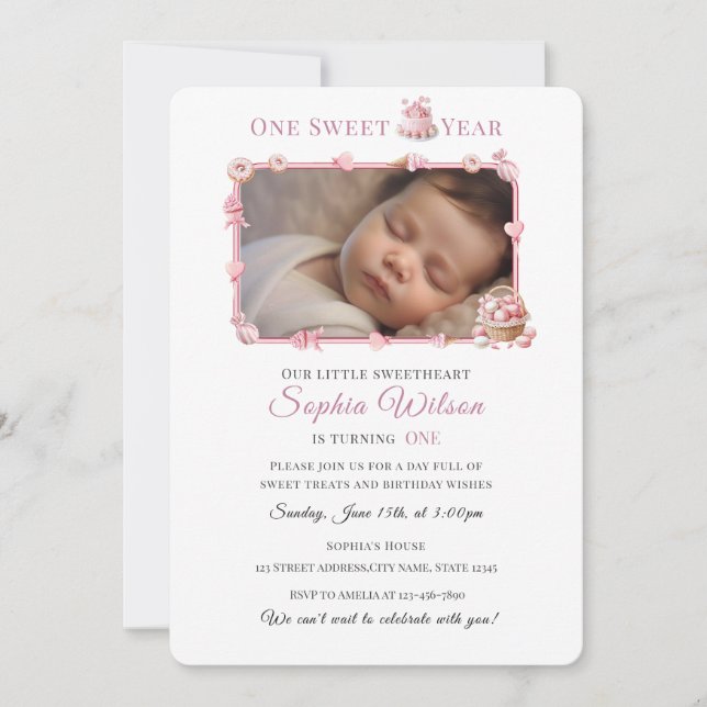 Convites Sweet One Girl 1st Birthday Invitation with Photo (Frente)