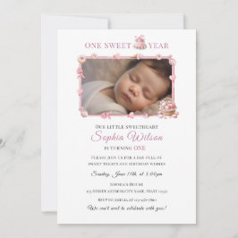 Convites Sweet One Girl 1st Birthday Invitation with Photo