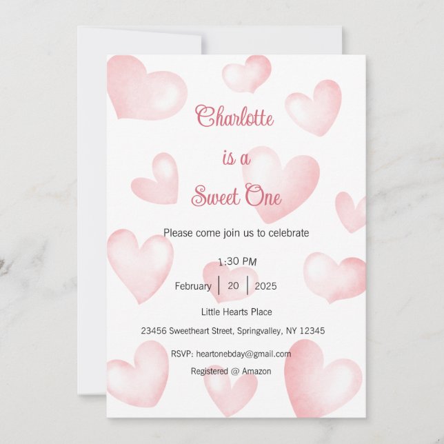 Convites Sweet One Invitation, Sweetheart One Party, Heart (Frente)