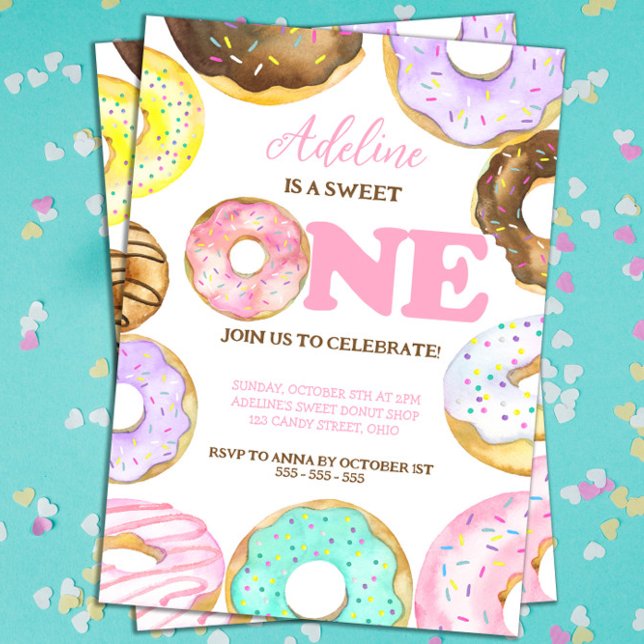 Convites Sweet One Rosquinha primeiro aniversario Girl Wate (Sweet One Donut 1st Birthday Invitation for Girls)