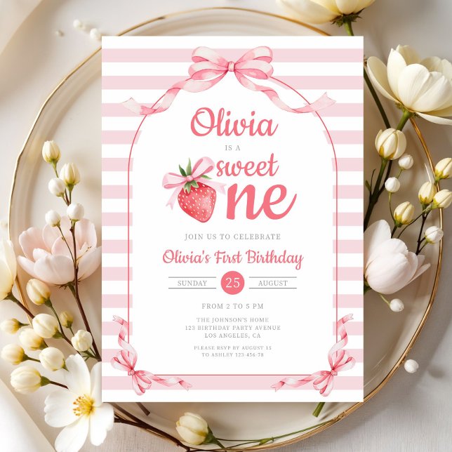 Convites Sweet One Strawberry Girl 1st Birthday (Sweet One Strawberry Girl 1st Birthday Invitation)