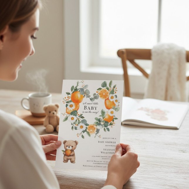 Convites Sweet Orange Daisy Bear Baby Shower Invitation (Criador carregado)