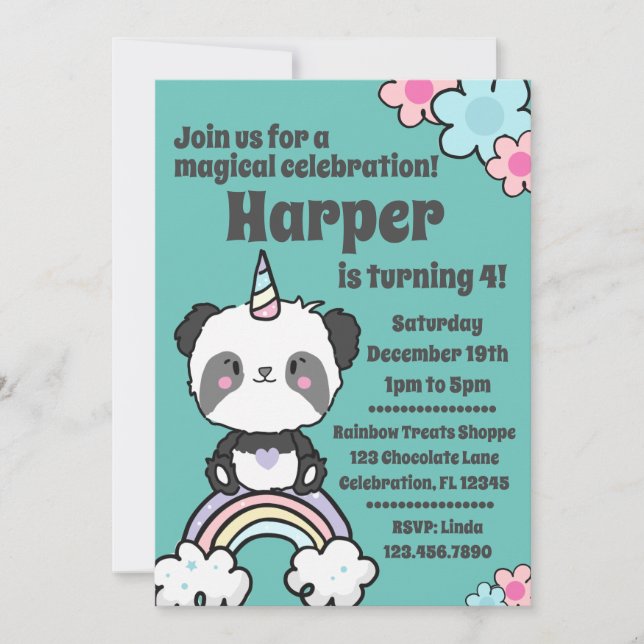 Convites Sweet Panda Unicorn Girly Invitation (Frente)