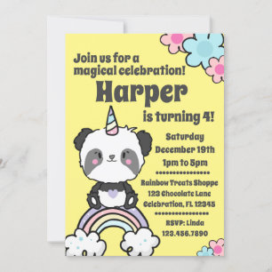 Convites Sweet Panda Unicorn Girly Invitation