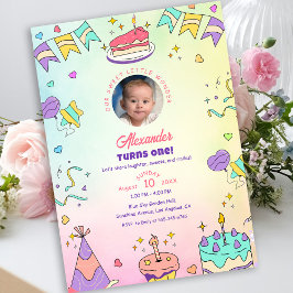 Convites Sweet Pastel Cute Baby Boy 1st Birthday Photo