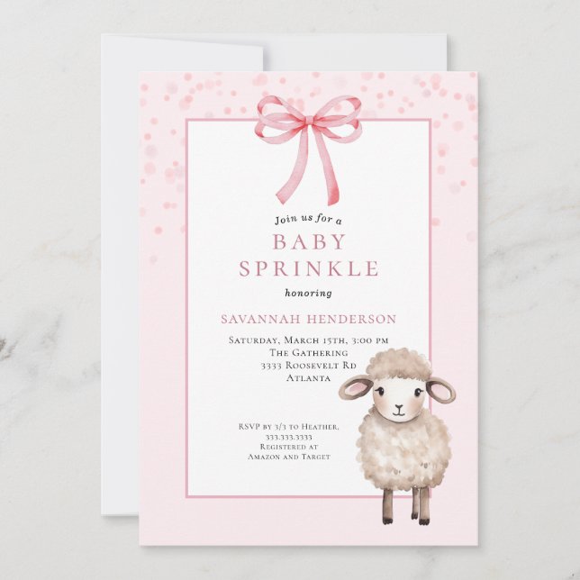 Convites Sweet Pink Baby Sprinkle with Bow & Cute Lamb  (Frente)