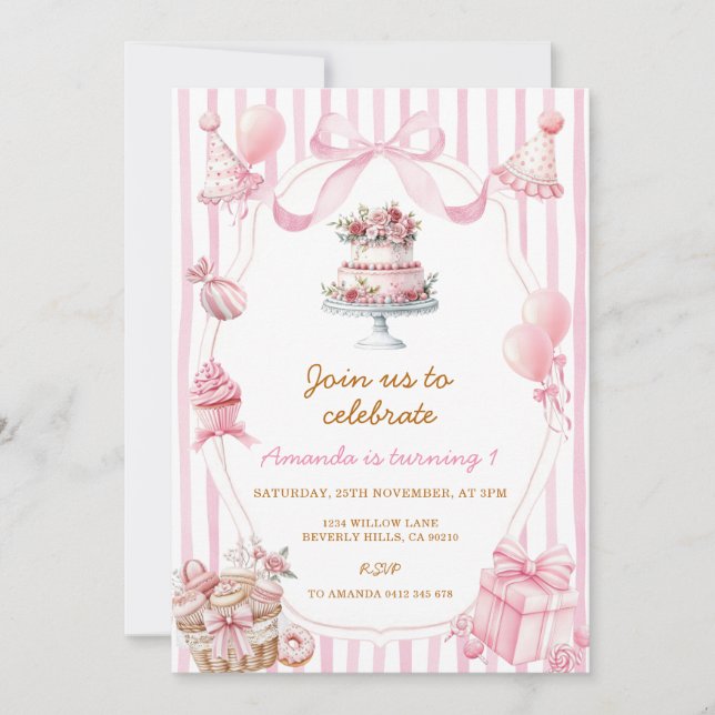 Convites Sweet Pink Stripe Bow Girl Birthday Invitation (Frente)