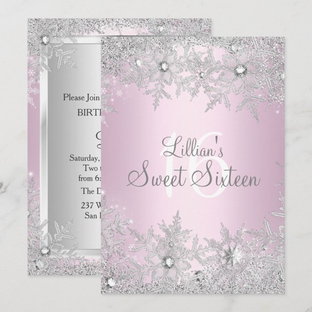 Convites Sweet Pink Sweet 16 Snowflake Winter Wonderland (Frente/Verso)