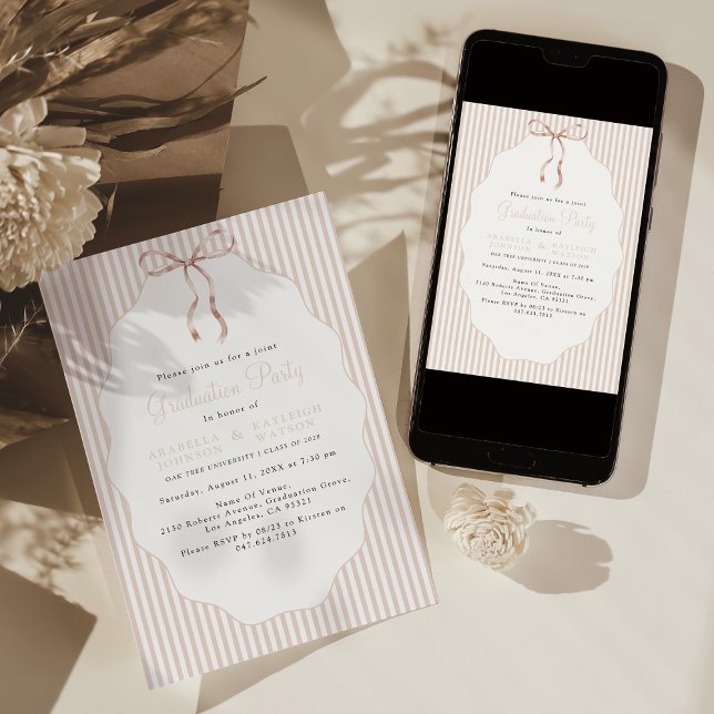 Convites Sweet Pinstriped Beige Bow Joint Graduation (Criador carregado)