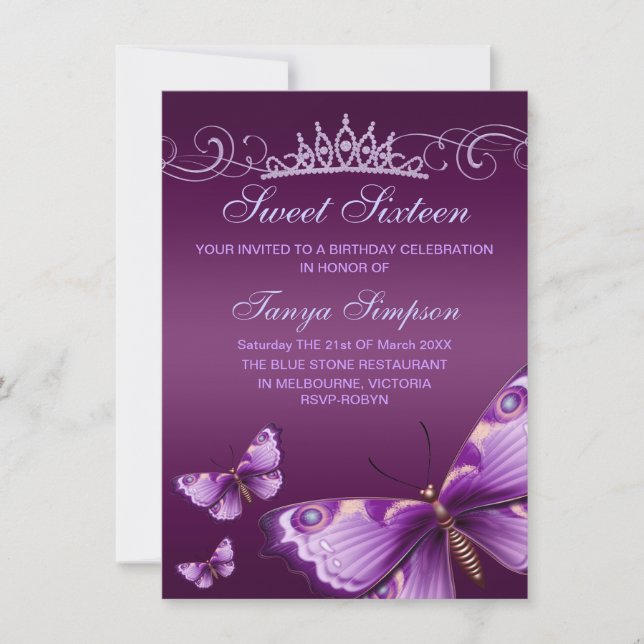 Convites Sweet Roxo16 Butterfly & Tiara Birthday Invite (Frente)