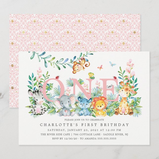 Convites Sweet Safari ONE Girls primeiro aniversario Convit (Frente/Verso)