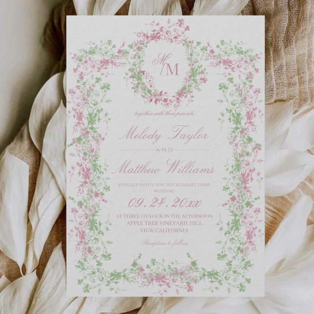 Convites Sweet Sage Green & Blush  Floral Crest Wedding (Criador carregado)