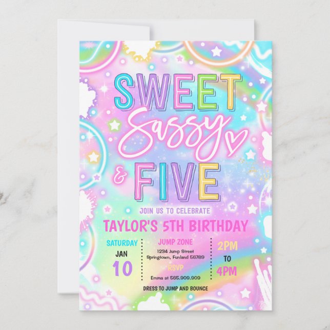 Convites Sweet Sassy And Five Neon Rainbow 5th Birthday (Frente)