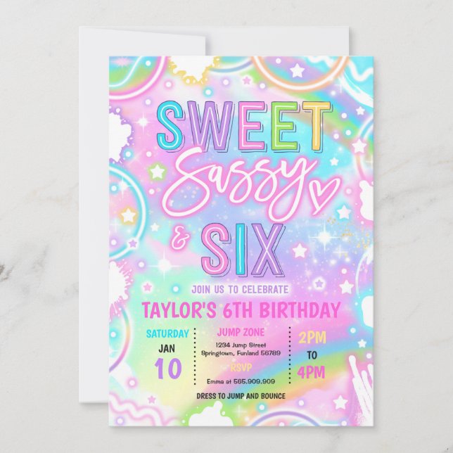 Convites Sweet Sassy And Six Neon Rainbow 6th Birthday (Frente)