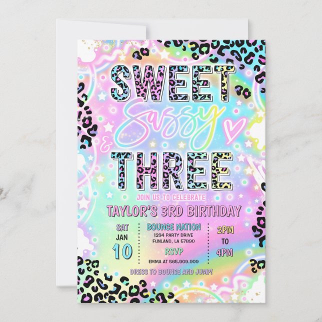 Convites Sweet Sassy And Three Rainbow Leopard 3rd Birthday (Frente)