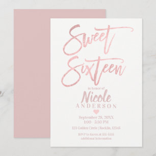 Convites SWEET SIXTEEN 16 Elegante Folha Dourada Rosa Moder