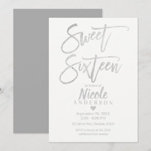 Convites SWEET SIXTEEN 16 Elegante Folha Prateada Cinza Mod