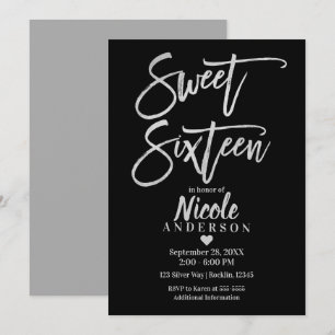 Convites SWEET SIXTEEN 16 Folha Prateada e Moderno Preto