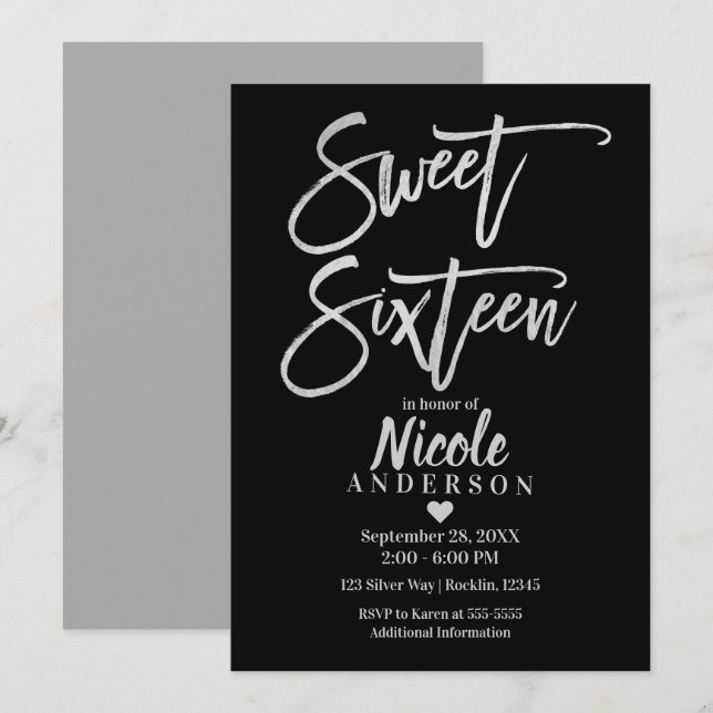Convites SWEET SIXTEEN 16 Folha Prateada & Moderno Preto (Frente/Verso)