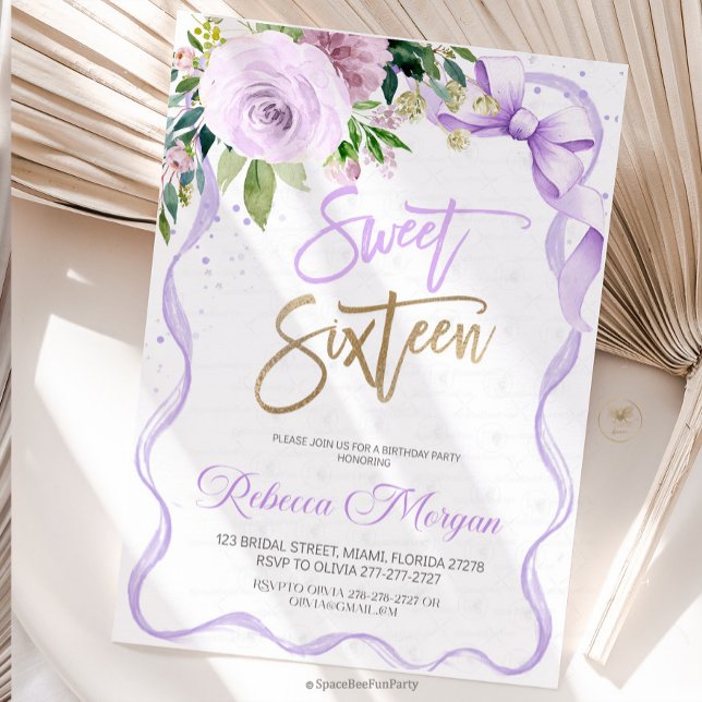 Convites Sweet Sixteen 16th (Sweet Sixteen, Sweet 16 Invitation, 16th Birthday, Pink Bow Invitation, Floral Watercolor, Birthday )