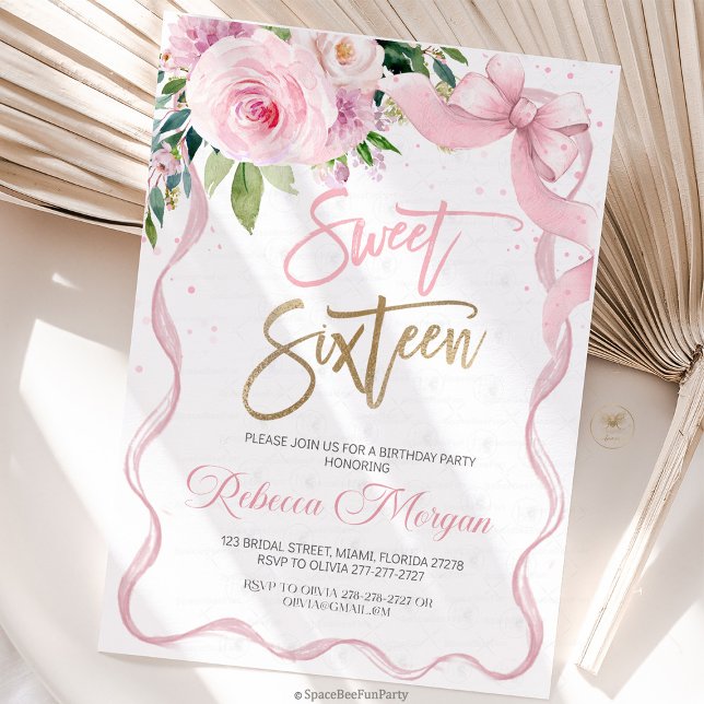 Convites Sweet Sixteen 16th (Sweet Sixteen, Sweet 16 Invitation, 16th Birthday, Pink Bow Invitation, Floral Watercolor, Birthday )