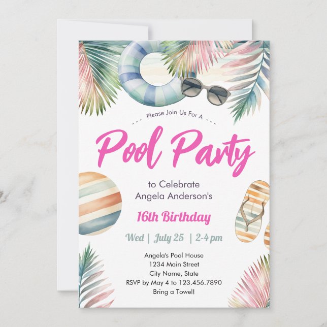 Convites Sweet Sixteen Birthday Pool Party Invitation (Frente)