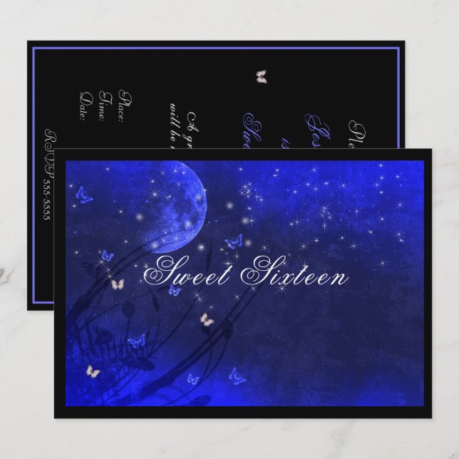 Convites Sweet Sixteen  Enchanted Evening Purple Blue   (Frente/Verso)