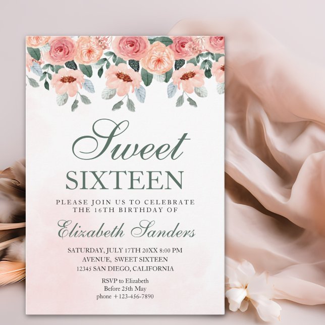 Convites Sweet Sixteen with Watercolor Pink Flowers (Criador carregado)