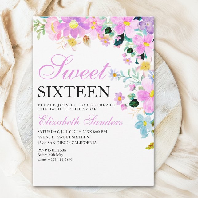 Convites Sweet Sixteen with Watercolor Spring Flowers (Criador carregado)