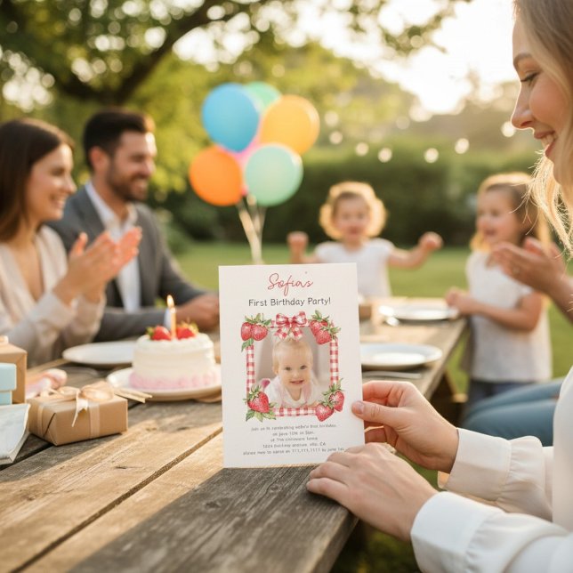 Convites Sweet Strawberry Photo Card First Birthday (Criador carregado)