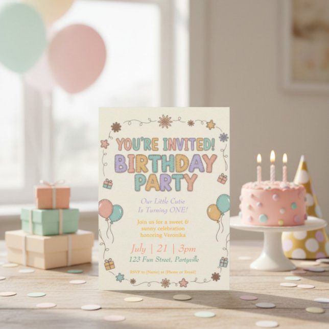Convites Sweet & Sunny Retro Felt Letters 1st Birthday (Criador carregado)