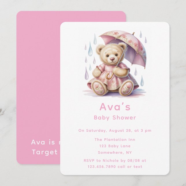 Convites Sweet Teddy Bear Girl Baby Shower (Frente/Verso)