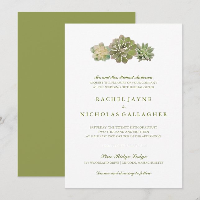 Convites Sweet Trio Succulents Sage Green | Casamento (Frente/Verso)