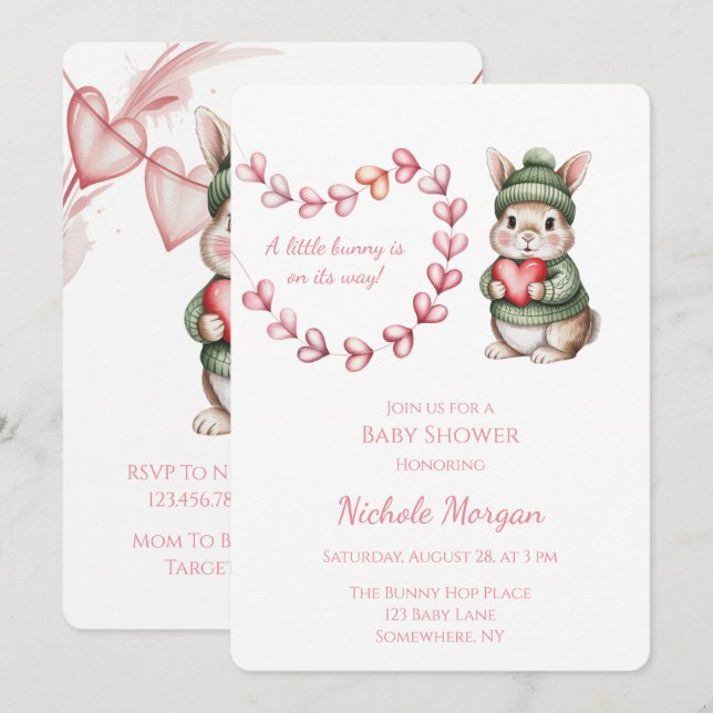 Convites Sweet Watercolor Bunny Baby Shower  (Frente/Verso)