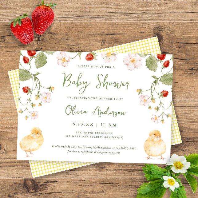 Convites Sweet Watercolor Strawberry Chicks Baby Shower (Criador carregado)