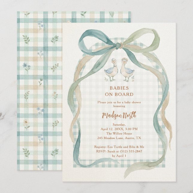 Convites Sweet Watercolor Twins Geese Gingham Shower LPM26 (Frente/Verso)