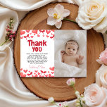 Convites Sweetheart First Birthday Photo Thank You Card<br><div class="desc">A sweetheart-themed first birthday thank you card with photo, featuring red hearts, bows, and classic typography. Perfect for thanking guests after a baby girl’s 1st birthday celebration, this printable thank you card includes space for a child’s photo and a heartfelt message. Ideal for heart-themed or Valentine-inspired birthdays, suitable for print...</div>