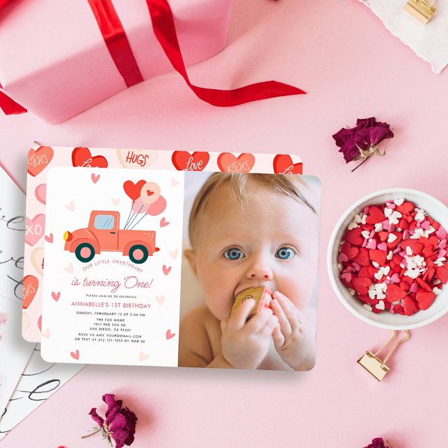Convites Sweetheart Pink Truck Photo Girl 1st Birthday (Criador carregado)