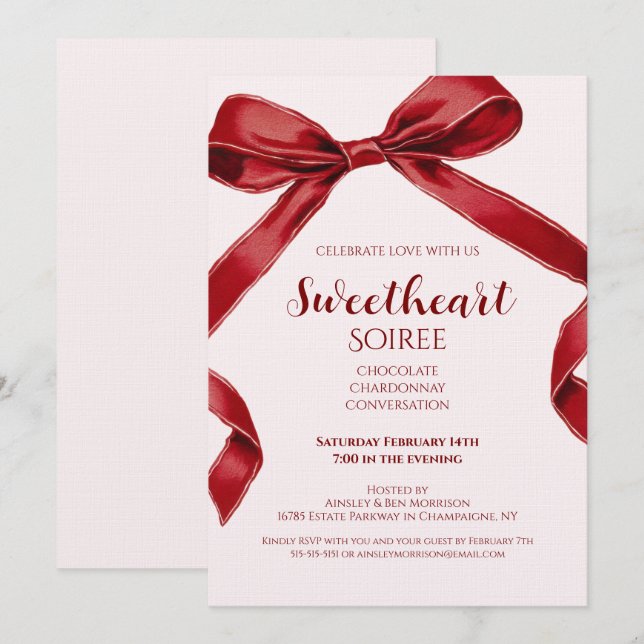 Convites Sweetheart Soiree Elegant Bow Valentines Day Party (Frente/Verso)